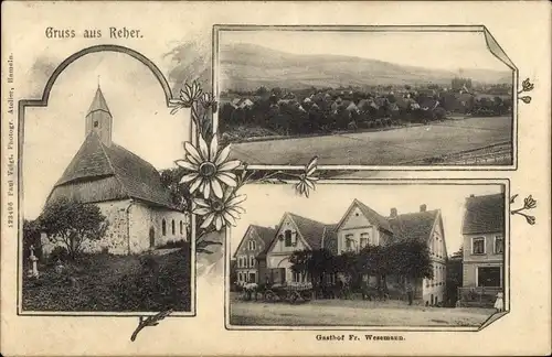 Ak Reher Steinburg in Holstein, Gesamtansicht, Kirche, Gasthof Fr. Wesemann