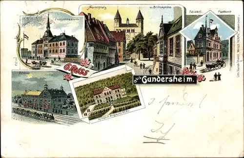 Litho Bad Gandersheim in Niedersachsen, Progymnasium, Bahnhof, Marktplatz, Stiftskirche, Postamt