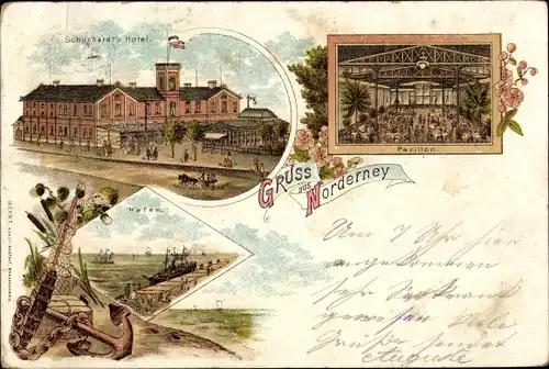 Litho Nordseebad Norderney Ostfriesland, Schuchardt's Hotel, Innenansicht, Hafen