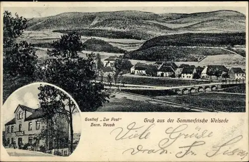 Ak Welsede Emmerthal Niedersachsen, Blick auf den Ort, Gasthof Zur Post