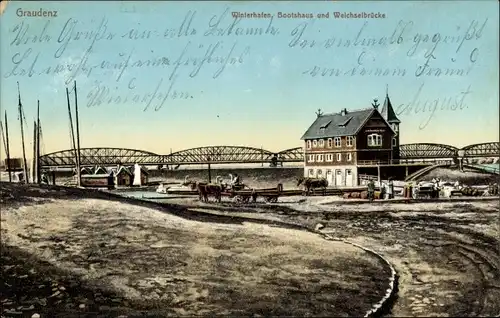 Ak Grudziądz Graudenz Westpreußen, Winterhafen, Bootshaus, Weichselbrücke