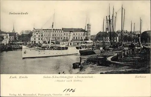 Ak Świnoujście Swinemünde Pommern, Salon Schnelldampfer Swinemünde, kath. Kirche