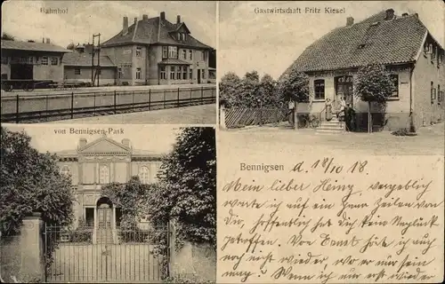 Ak Bennigsen Springe am Deister, Bahnhof, Gastwirtschaft Fritz Kiesel, von Bennigsen Park