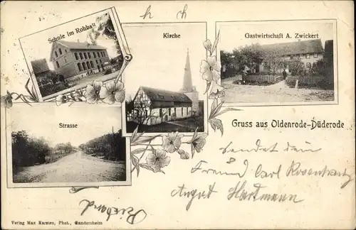 Ak Oldenrode Düderode Kalefeld am Harz, Schule im Rohbau, Kirche, Gastwirtschaft A. Zwickert