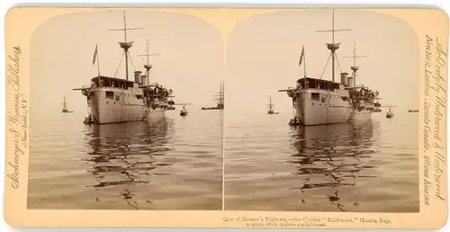 Stereo Foto Manila Philippinen, One of Dewey's Fighters, Cruiser Baltimore, US Navy