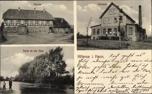 Ak Hillerse im Kreis Gifhorn, Molkerei, Schule, Partie an der Oker