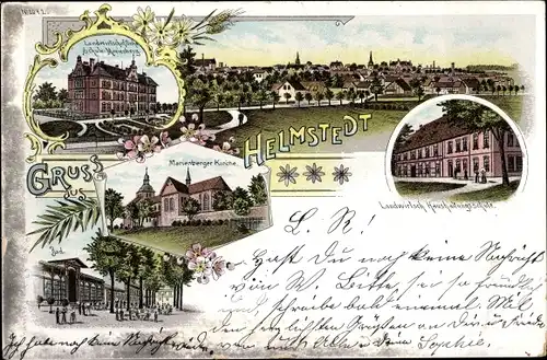 Litho Helmstedt Niedersachsen, Marienberger Kirche, Haushaltungsschule, Landwirtschaftliche Schule