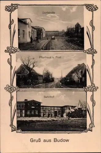 Ak Budowo Budow Pommern, Dorfstraße, Pfarrhaus, Bahnhof