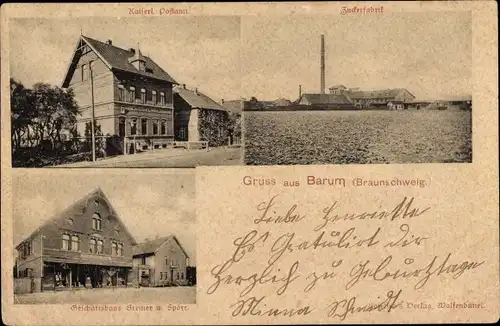 Ak Barum Salzgitter in Niedersachsen, Postamt, Zuckerfabrik, Geschäftshaus