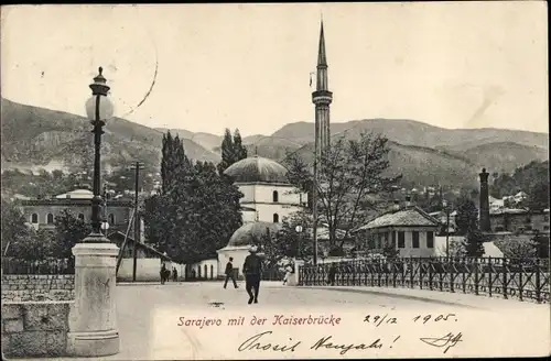 Ak Sarajevo Bosnien Herzegowina, Stadtansicht mit der Kaiserbrücke