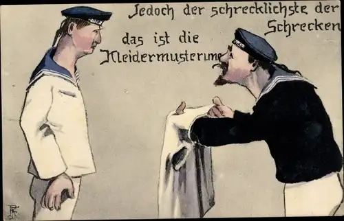 Künstler Ak Deutsche Seeleute, Jedoch der schrecklichste der Schrecken das ist die Kleidermusterung