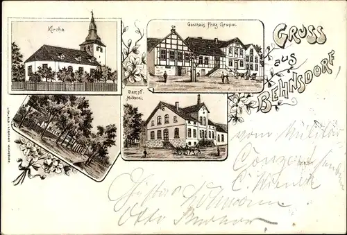 Litho Behnsdorf Flechtingen Sachsen Anhalt, Kirche, Gasthaus Fritz Grupe, Dampfmolkerei