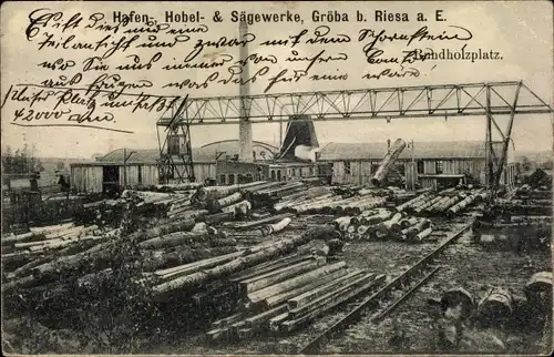 Ak Gröba Riesa an der Elbe Sachsen, Hafenwerke, Hobel- und Sägewerk, Rundholzplatz