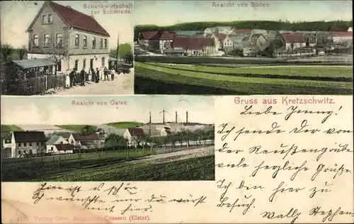 Ak Kretzschwitz Cretzschwitz Gera in Thüringen, Schankwirtschaft zur Schmiede, Ortsansicht