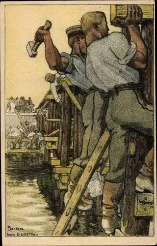 Künstler Ak Georgi, W., Leibniz Keks, Reklame, Bahlsens Keksfabrik Hannover,Pioniere beim Brückenbau