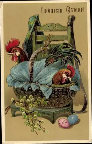 Präge Litho Glückwunsch Ostern, Hahn und Huhn im Korb, Ostereier