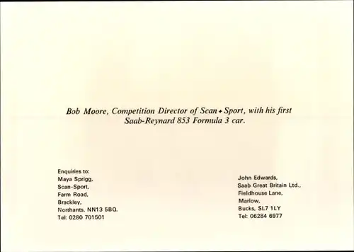 Foto Bob Moore, Renndirektor von Scan + Sport, Saab Reynard 853 Formel 3 Rennauto