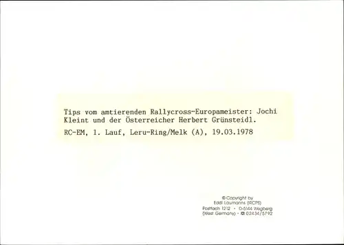 Foto Rallycross Europameister Jochi Kleint, Herbert Grünsteidl, 1978