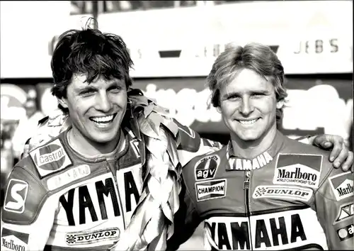 Foto Rennfahrer Martin Wimmer, Wayne Rainey, 250 ccm Motorrad WM 1984