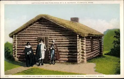 Ak Plymouth, Massachusetts, USA, Pilger-Blockhütte, eine Nachbildung in der Nähe des ersten Hauses