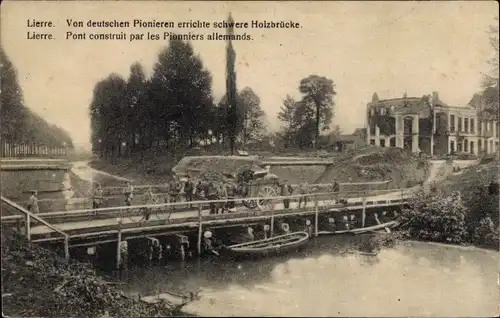Ak Lier Lierre Flandern Antwerpen, Von deutschen Pionieren errichtete schwere Holzbrücke