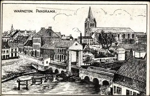 Künstler Ak Warneton Wallonien Hennegau, Panorama, Kirche, Brücke