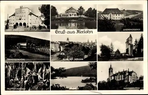 Ak Iserlohn im Märkischen Kreis, Sparkasse, Danzturm, Franzosenhohl, Alexanderhöhe, Tropfsteinhöhle