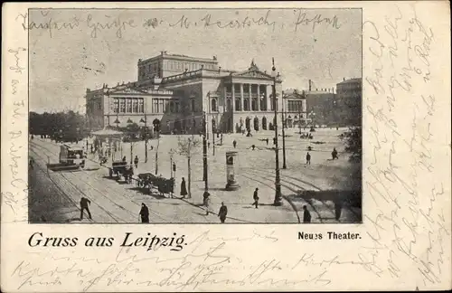 Ak Leipzig in Sachsen, Neues Theater, Straßenbahn, Kutsche