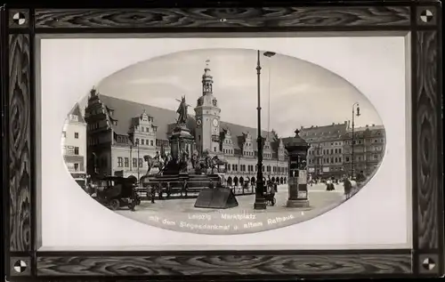 Passepartout Ak Leipzig in Sachsen, Marktplatz, Siegesdenkmal, altes Rathaus, Litfaßsäule