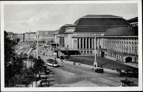 Ak Leipzig in Sachsen, Hauptbahnhof, Straßenbahn, Kutsche