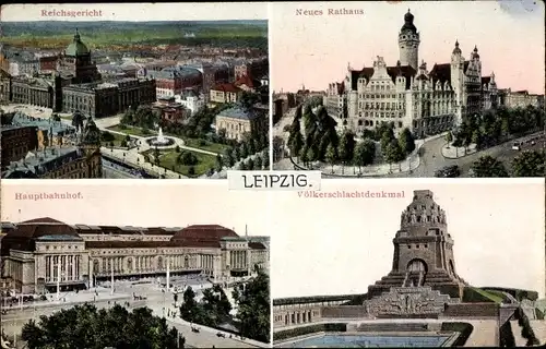 Ak Leipzig in Sachsen, Reichsgericht, Hauptbahnhof, Neues Rathaus, Völkerschlachtdenkmal