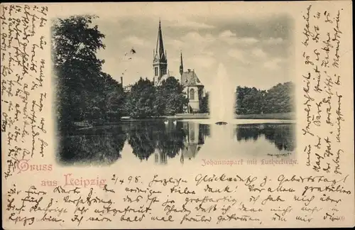 Ak Leipzig in Sachsen, Lutherkirche, Johannapark, Teich, Springbrunnen