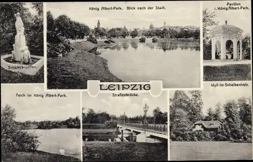 Ak Leipzig in Sachsen, Schäferbrunnen, König Albert-Park, Pavillon, Teich, Straßenbrücke