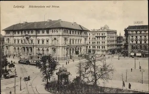 Ak Leipzig in Sachsen, Blücherplatz, Börse, Tram