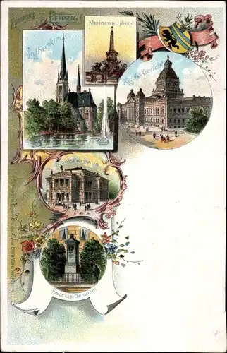 Litho Leipzig in Sachsen, Mendebrunnen, Reichsgericht, Lutherkirche, Konzerthaus