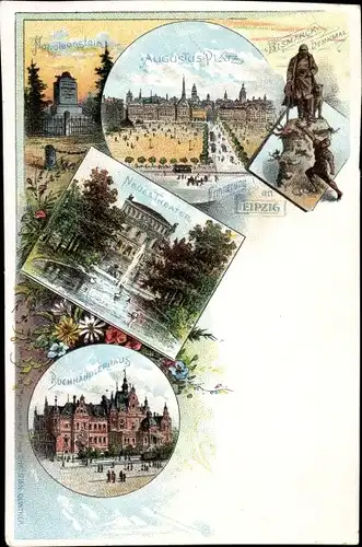 Litho Leipzig, Augustusplatz, Napoleonstein, Neues Theater, Buchhändlerhaus, Bismarckdenkmal