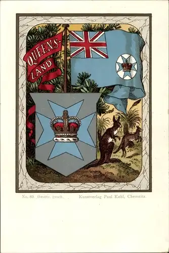 Wappen Litho Queensland Australien, Kängurus, Fahne, Krone