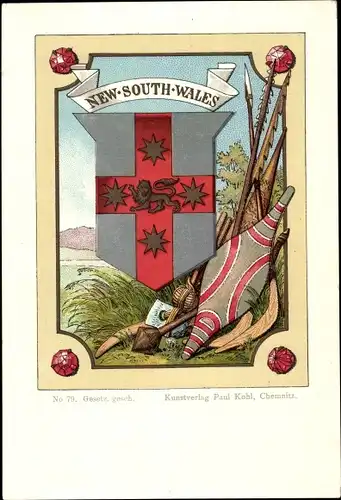 Wappen Litho New South Wales Australien, Schild, Speere