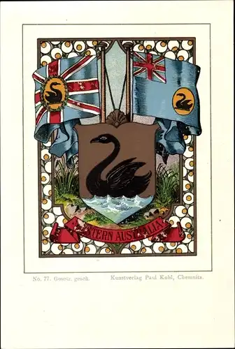 Wappen Litho Western Australia Australien, Schwarzer Schwan, Fahnen