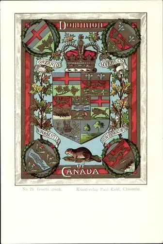 Wappen Litho Kanada, New Brunswick, Quebeck, Ontario, Nova Scotia