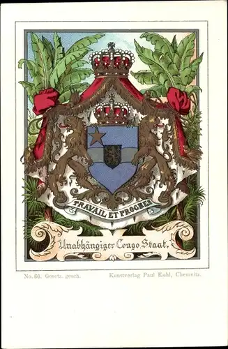 Wappen Litho Unabhängiger Congo Staat, Kongo, Zaire, Krone, Löwen