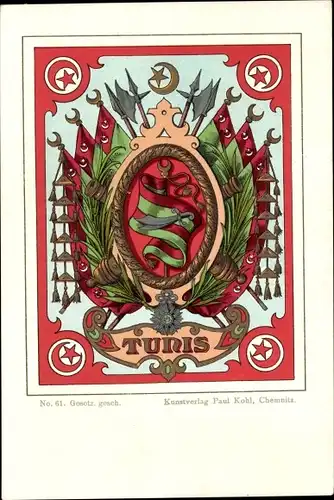 Wappen Litho Tunis Tunesien, Fahnen, Halbmond, Stern