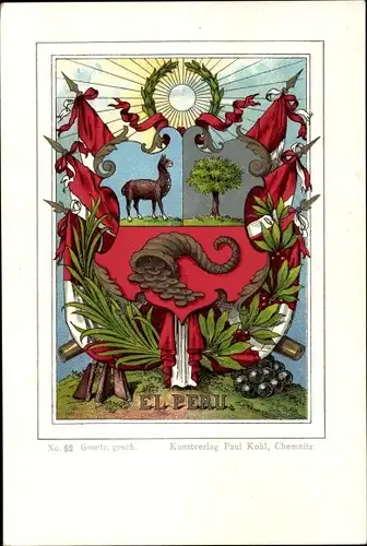 Wappen Litho Peru, Lama, Fahnen, Lorbeer, Kanonenkugeln