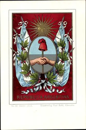 Wappen Litho Argentinien, Sonne, Mütze, Fahnen
