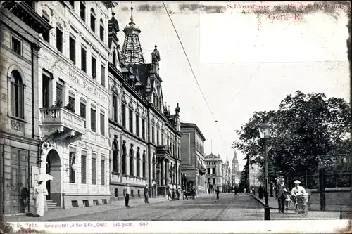 Ak Reuß Gera in Thüringen, Blick in die Schlossstraße mit Kaiserlichen Postamt