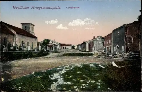 Ak Gondrexon Lothringen Meurthe et Moselle, Westlicher Kriegsschauplatz, Straße, Zerstörungen I. WK