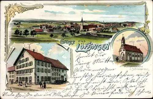 Litho Löffingen im Schwarzwald, Wallfahrtskirche zum Schneekreuz, Warenhaus zum Kasten, Totale