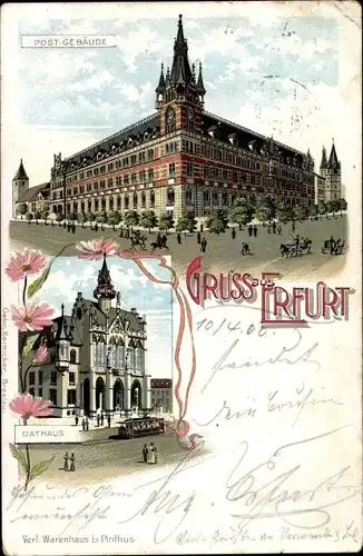 Litho Erfurt in Thüringen, Postgebäude, Rathaus, Straßenbahn