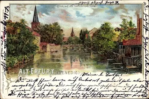 Litho Erfurt in Thüringen, Partie im Venedig, Blick auf die Leihmannsbrücke