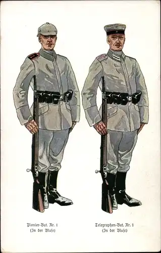 Ak Deutschlands Armee in feldgrauer Uniform, Pionier Bat. 1, Telegraphen Bat. 1